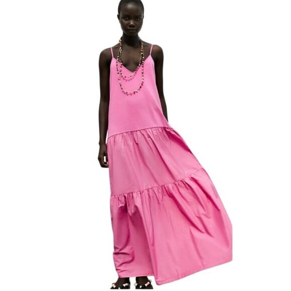 Zara Dresses & Skirts - Zara Pink Cotton Tiered Ruffle Blogger Favorite Maxi Spaghetti Strap Dress New M